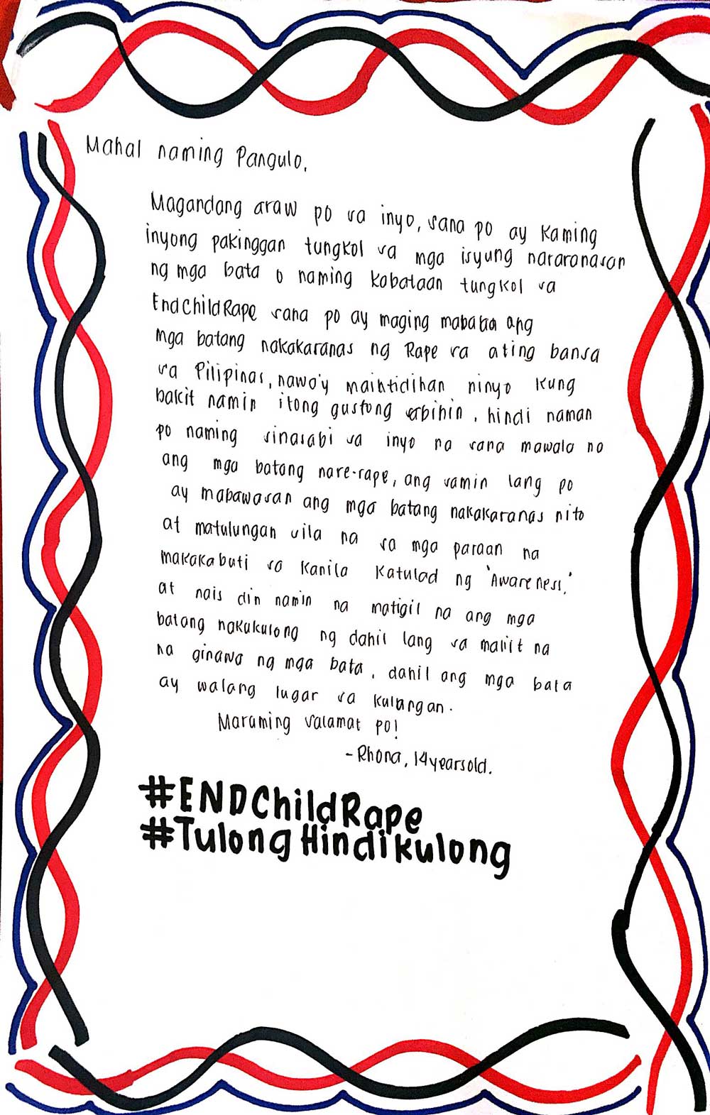 Letter to President Duterte from Rhona, 14
