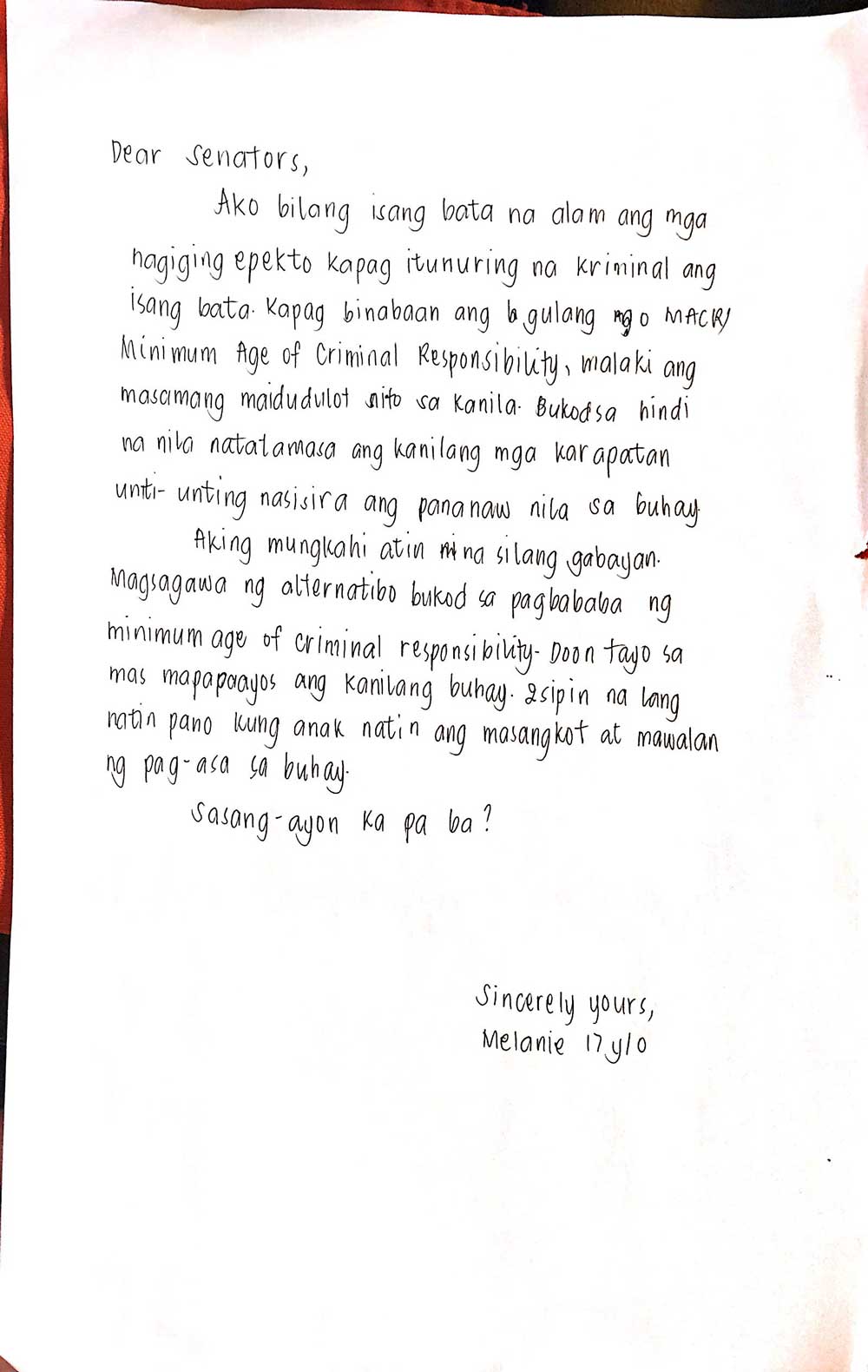 Letter to Senators from Melanie, 17