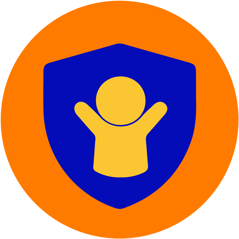 Icon showing a child with arms raised and a police badge